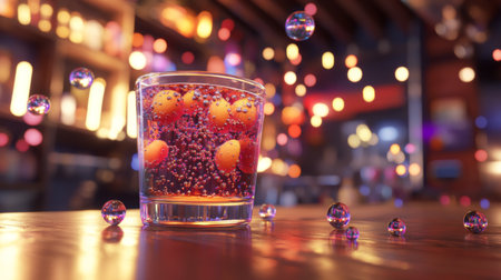 A vibrant drink garnished with oranges and bubbles, set on a bar table, radiating a lively atmosphere perfect for celebrations and gatherings.の素材