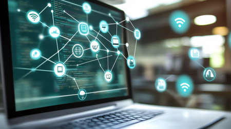 A modern laptop displaying a network visualization, illustrating connectivity and data flow. Ideal for technology, communication, and innovation themes.の素材