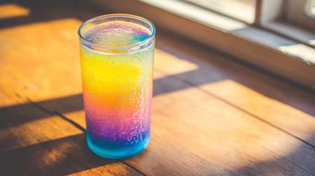 A vibrant, colorful drink in a clear glass sits on a wooden table, illuminated by sunlight. The drink's bubbly texture and gradient colors make it an eye-catching refreshment for summer.の素材