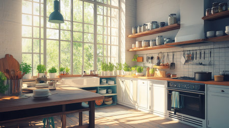 A bright and airy kitchen filled with natural light, adorned with fresh herbs and plants. This modern space invites cooking and relaxation.の素材