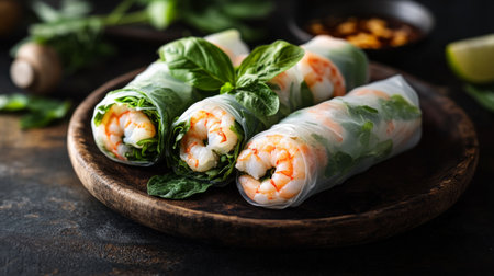 Enjoy a vibrant display of fresh shrimp spring rolls with herbs and vegetables, elegantly arranged on a wooden plate, perfect for a healthy snack or appetizer.の素材