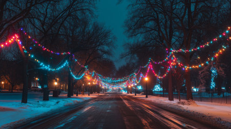 A scenic view of a snowy street illuminated by colorful lights at night, creating a festive atmosphere perfect for winter celebrations.の素材
