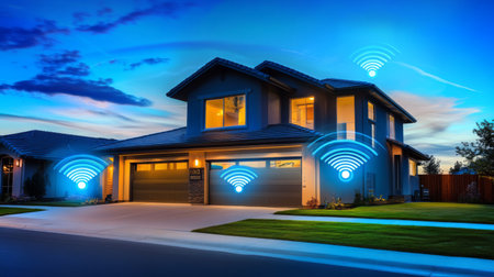 A modern house at dusk featuring Wi-Fi symbols, highlighting the concept of smart home technology and connectivity in a suburban setting.の素材