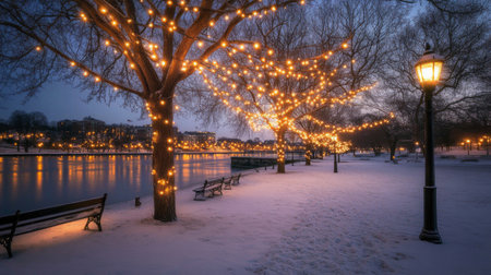 A serene winter evening scene featuring illuminated trees along a snow-covered riverbank. Soft lights reflect on the water, creating a tranquil ambiance.の素材