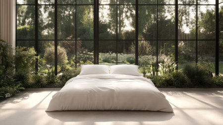 A bright and serene bedroom featuring a spacious bed bathed in natural light. Large windows offer a stunning view of lush greenery, creating a tranquil atmosphere.の素材