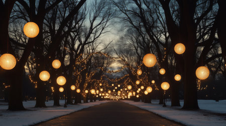 A serene winter pathway illuminated by glowing lanterns hangs between bare trees, creating a romantic and magical atmosphere during dusk.の素材
