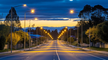 A tranquil evening street scene illuminated by lamp lights, showcasing a calm atmosphere and beautiful twilight sky. Perfect for urban or landscape themes.の素材
