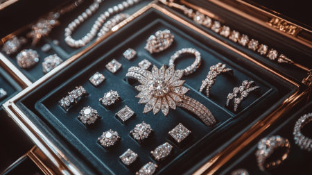 Discover an elegant collection of sparkling jewelry pieces featuring exquisite designs and brilliant gemstones, perfect for showcasing luxury and sophistication.の素材