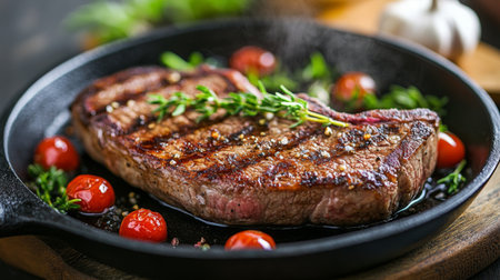 A mouthwatering grilled steak garnished with fresh herbs and cherry tomatoes, presented in a black iron skillet. Perfect for gourmet dining or cooking inspiration.の素材