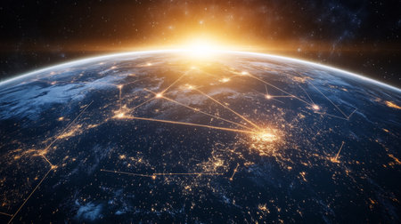 A stunning view of Earth at sunrise, highlighting connections and networks glowing across the planet, blending beauty with a digital landscape.の素材