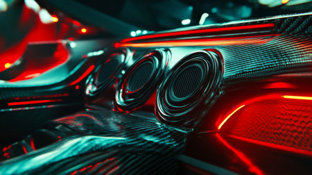 A close-up view of a modern car interior featuring sleek dashboard elements, ambient lighting, and advanced technology creating a futuristic atmosphere.の素材
