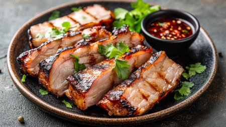Juicy grilled pork slices served on a plate with herbs and a spicy dipping sauce, perfect for a delightful meal or culinary presentation.の素材