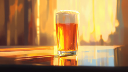 A vibrant glass of beer sits elegantly on a table, illuminated by warm sunset light. Perfect for capturing moments of relaxation and enjoyment.の素材