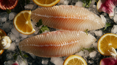 Vibrant image of fresh fish fillets resting on ice, surrounded by vibrant citrus fruits and herbs, ideal for showcasing gourmet seafood preparation.の素材
