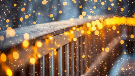 A close-up view of a railing adorned with soft bokeh lights, creating a warm and inviting atmosphere during winter. This image captures the essence of a cozy, festive mood.の素材