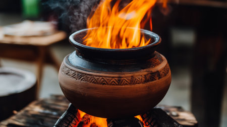 A clay pot sits over an open flame, emitting vibrant fire and steam, evoking a rustic cooking scene. Perfect for showcasing culinary traditions and outdoor meals.の素材