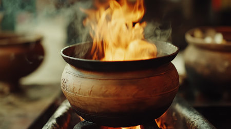 A traditional clay pot radiates warmth as flames dance around it, creating a captivating atmosphere of cooking and rustic craftsmanship.の素材