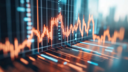 A vibrant visualization of financial data depicting trends and analysis. The image showcases a digital graph with dynamic lines representing market movements and analytics.の素材