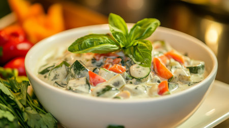 A vibrant bowl of fresh vegetable salad featuring a creamy dressing, garnished with basil leaves. Perfect for healthy meal options and food styling.の素材