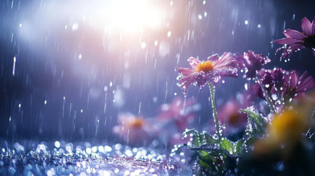 A mesmerizing scene of pink flowers adorned with raindrops, capturing the essence of natureの素材