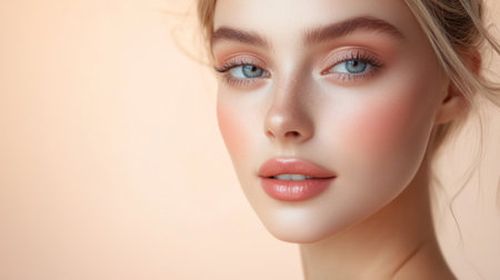 A stunning portrait of a woman showcasing natural beauty. The soft glow enhances her features, highlighting flawless skin and captivating eyes. Perfect for beauty and wellness themes.の素材