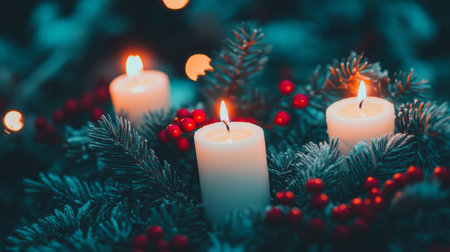 A serene display of glowing candles surrounded by fresh pine and vibrant berries, perfect for evoking a cozy holiday atmosphere during winter celebrations.の素材