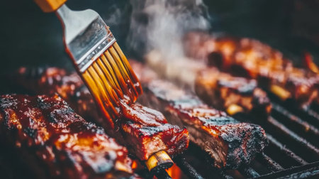 Smoky barbecue ribs cooking on the grill, brushed with a rich glaze. Perfect for summer gatherings, these tender ribs are a delicious treat.の素材