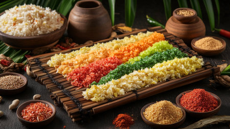 A vibrant arrangement of colorful rice and spices on a rustic table, showcasing diverse textures and flavors, celebrating culinary artistry and tradition.の素材