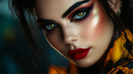 Striking portrait of a woman showcasing bold makeup with dramatic eyes and luscious lips. A perfect capture of modern beauty and artistry.の素材
