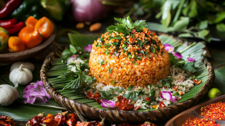 A vibrant platter of colorful fried rice garnished with fresh herbs and spices, perfect for showcasing culinary art and fresh ingredients.の素材