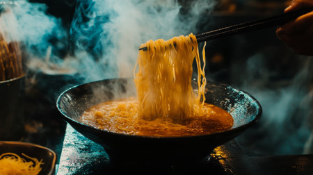 A close-up view of steaming noodles being lifted with chopsticks from a bowl. The rich broth and aromatic steam create a mouthwatering culinary experience.の素材