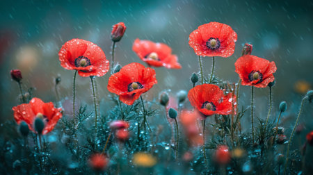 Beautiful red poppies adorned with raindrops create a captivating scene in a garden. The vibrant colors and soft rain evoke a sense of tranquility and nature's beauty.の素材