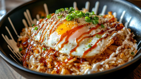 A delightful rice bowl topped with a sunny-side-up egg and drizzled with savory sauce. Ideal for breakfast, lunch, or dinner, this dish promises flavor.の素材
