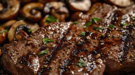 Close-up of succulent grilled steak served with sautの素材