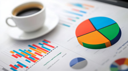 A vibrant workspace featuring a coffee cup beside colorful charts and graphs. Ideal for business analysis, presentations, and strategic planning.の素材