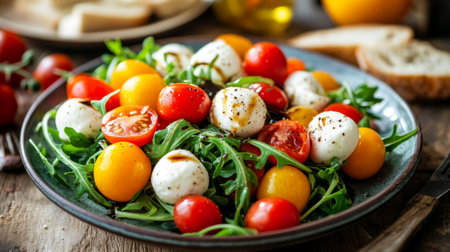 A vibrant salad featuring fresh tomatoes and mozzarella cheese served on a rustic table. Perfect for summer meals, picnics, or healthy dining options.の素材