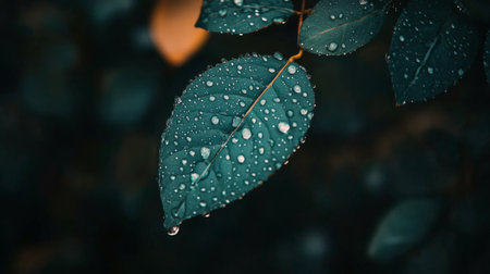 A close-up view of a green leaf adorned with fresh raindrops. The image captures the beauty of nature, showcasing the details and textures of foliage in a tranquil setting.の素材