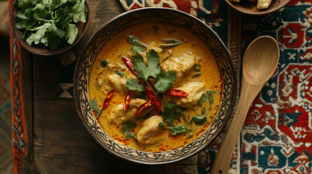 A vibrant chicken curry dish showcasing a rich blend of spices and fresh herbs. Perfect for sharing and enjoying the warmth of home-cooked meals.の素材