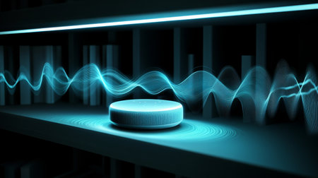 A sleek modern smart speaker sits on a shelf, surrounded by sound waves, symbolizing audio technology and smart home innovation.の素材