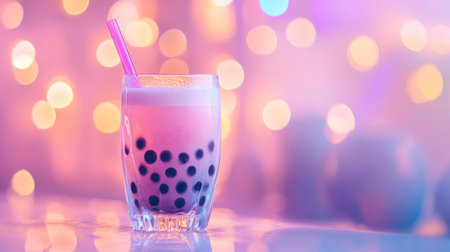 Enjoy a vibrant glass of bubble tea filled with tapioca pearls, set against a beautifully blurred colorful background, perfect for a refreshing treat.の素材