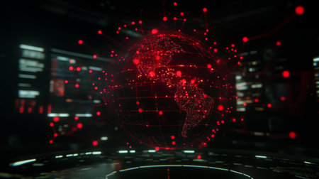 A captivating illustration of a red globe set against a dark backdrop, showcasing a network of digital connections and data points, symbolizing technology and innovation.の素材