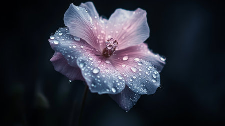 A stunning close-up of a soft pink flower adorned with raindrops, set against a dark background. This image captures the delicate beauty of nature.の素材