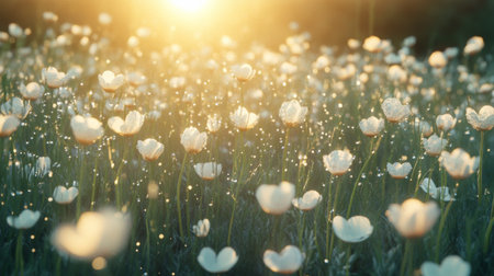A serene morning scene featuring delicate white flowers illuminated by soft sunlight. Dewdrops glisten on petals, creating a magical effect in nature's beauty.の素材