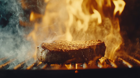 A mouthwatering steak grilling over an open flame, showcasing a delicious sizzle. This vibrant composition captures the essence of culinary art and flavor.の素材