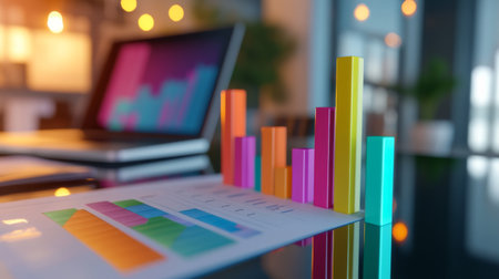 A vibrant workspace featuring colorful bar graphs, a laptop, and charts. Ideal for concepts of business analysis, data visualization, and project planning.の素材