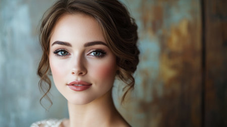 A stunning close-up portrait of a beautiful young woman showcasing her natural beauty, soft makeup, and charming expression against a serene backdrop.の素材