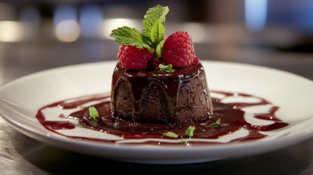 A rich chocolate dessert topped with fresh raspberries, mint, and a glossy sauce. Ideal for gourmet dining or sweet celebrations, this dish is a visual delight.の素材