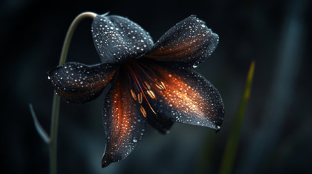 A striking image of a dark flower adorned with dew, showcasing its elegant petals and soft lighting. Ideal for nature and beauty themes.の素材