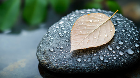 A delicate brown leaf rests on a wet stone, adorned with sparkling raindrops, capturing the essence of tranquility and natural beauty in a serene environment.の素材