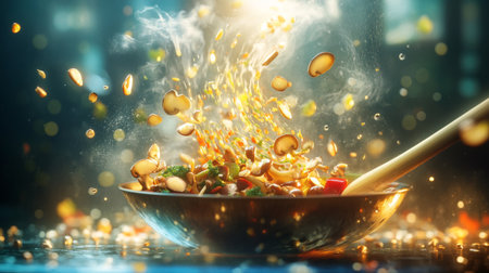 An artistic portrayal of a stir-fry dish showcasing fresh ingredients in a lively kitchen atmosphere, with colorful splashes and vibrant elements capturing the essence of culinary creativity.の素材